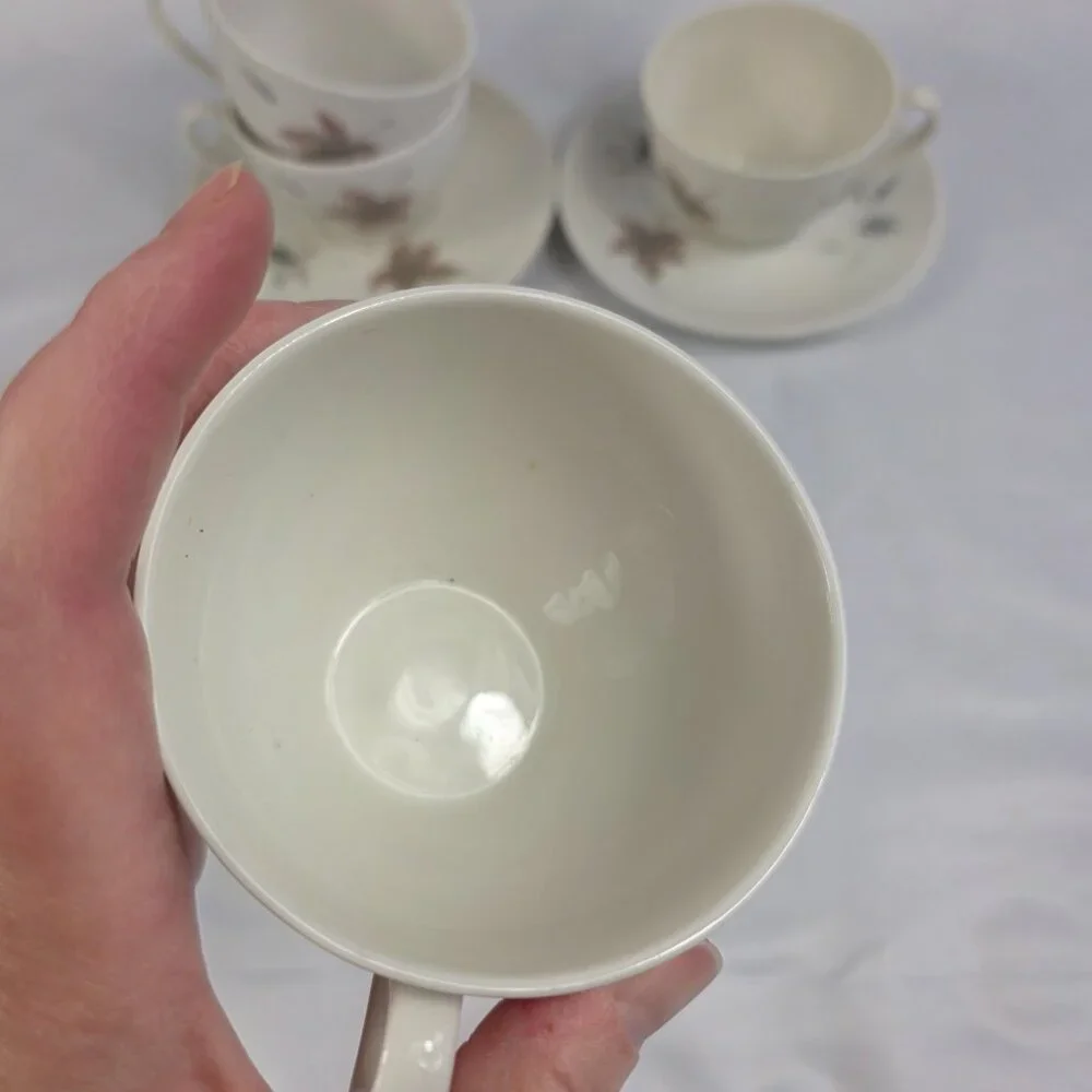 FOUR Royal Doulton Tumbling Leaves Cup & Saucer Sets Gray & Pink Leaves